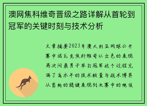 澳网焦科维奇晋级之路详解从首轮到冠军的关键时刻与技术分析